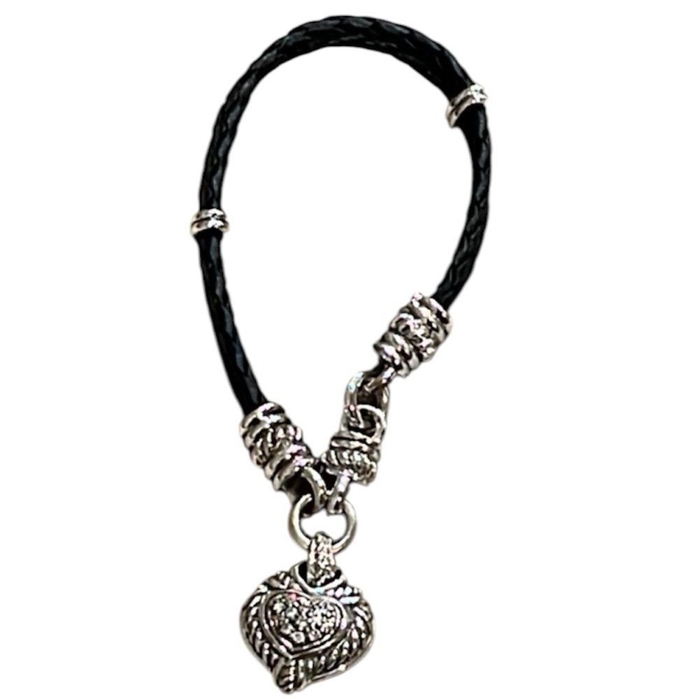 Judith Ripka Sterling Silver Heart & Black Leather Magnetic Bracelet